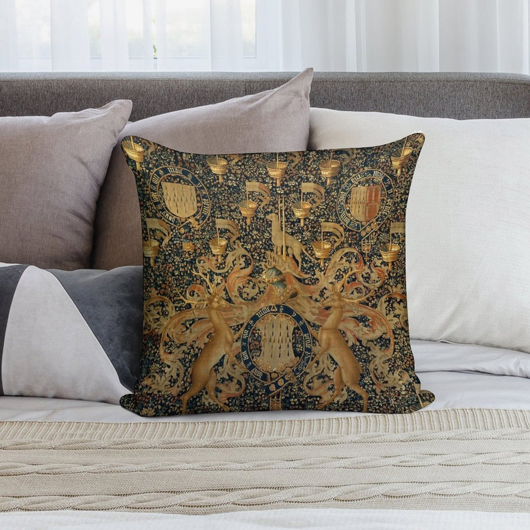 Gold Navy Blue Antique Heraldic Tapestry with Harts,Armorial Bearings Badges of John Soft Home Decor Throw Pillow