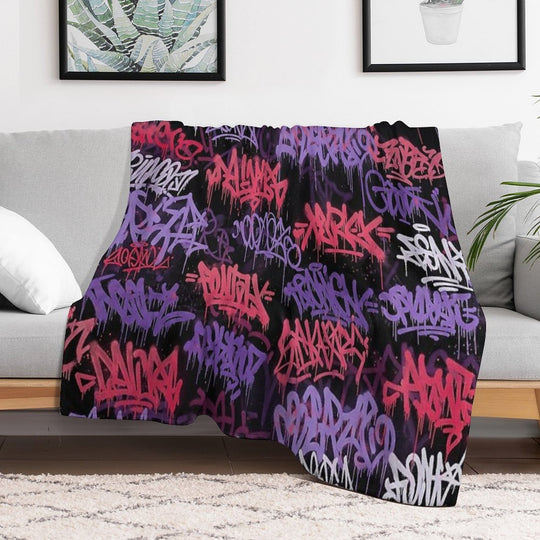 Cyberpunk Graffiti Mural Purple Pinkish Red & White Tags on Black Plush Throw Blanket