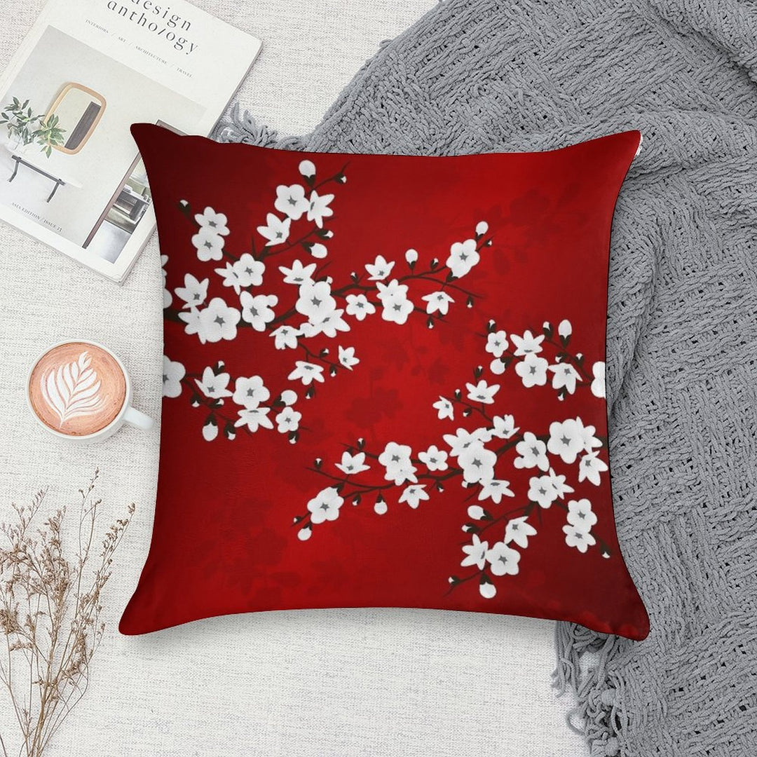 Cherry Blossom Red White Asia Floral Soft Short Plush Fabric Throw Pillow