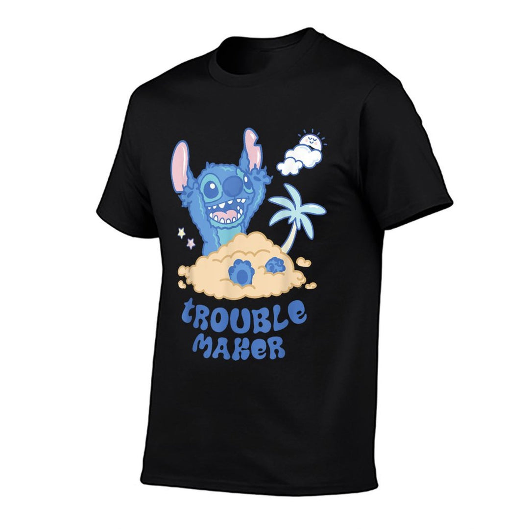 Disney Stitch Fluffy Summer Beach Sand Pile Trouble Maker Comfortable T-Shirt
