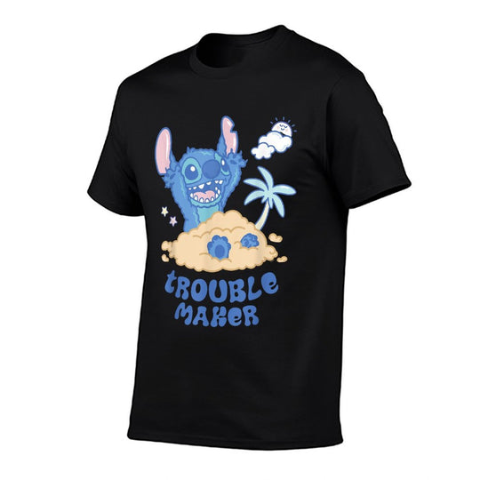 Disney Stitch Fluffy Summer Beach Sand Pile Trouble Maker Comfortable T-Shirt