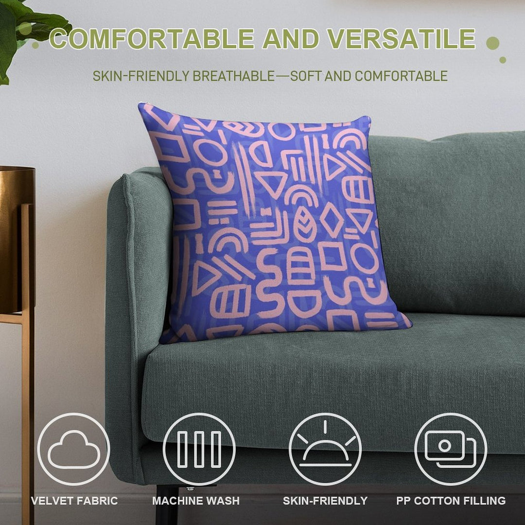 Shapes And Glyphs - Bold Brushstroke Abstract in Pink And Blue Soft Short Plush Fabric Throw Pillow