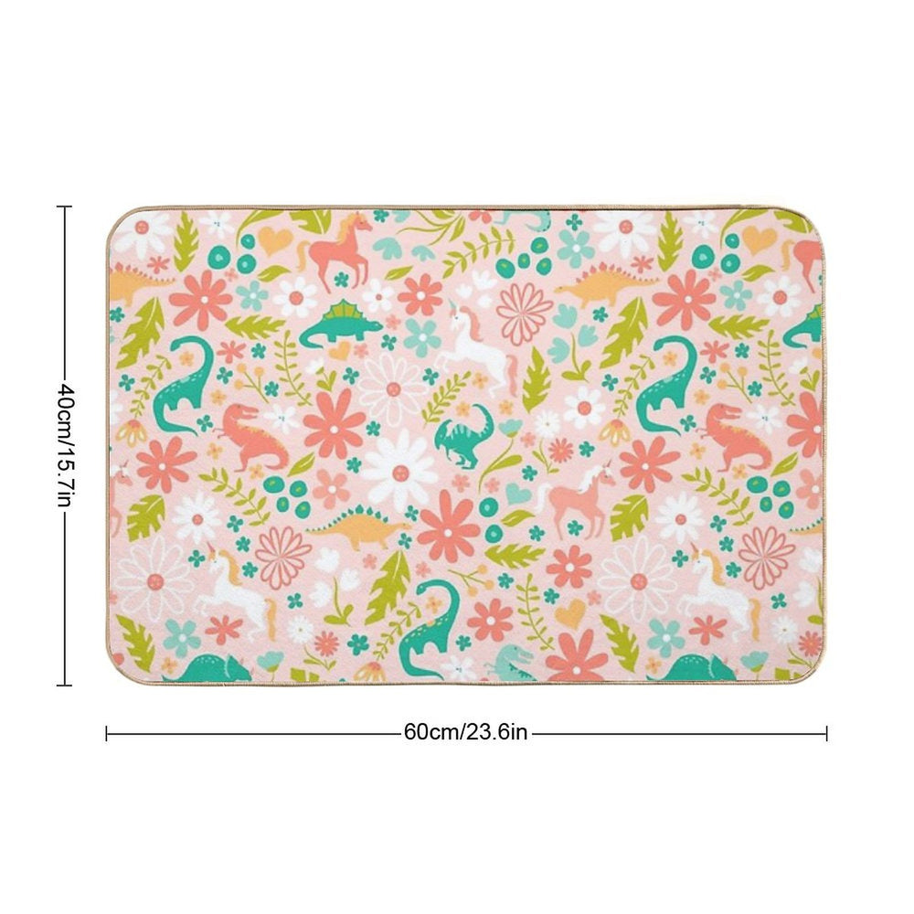 Dinosaurs + Unicorns on Pink  Rapid-Drying Bath Mat
