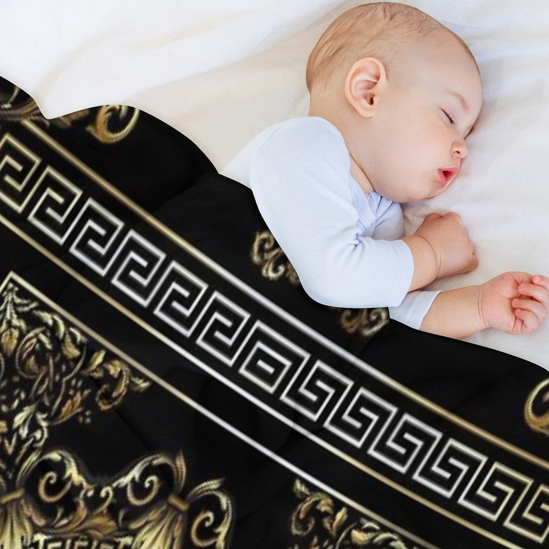 Ornate Baroque Black And Gold Greek Key Border Sustainable Throw Blanket