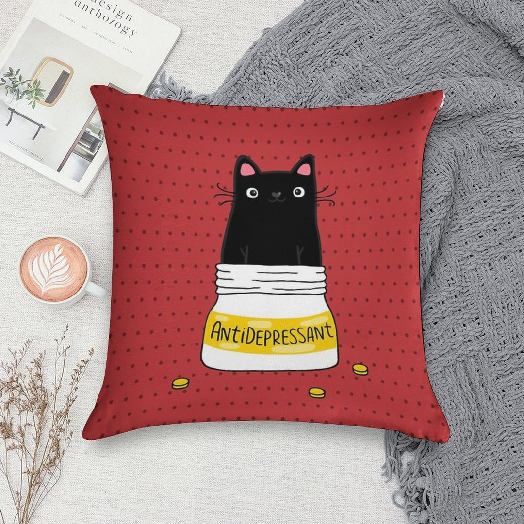 FUR ANTIDEPRESSANT . Cute Black Cat Illustration. A Gift for A Pet Lover. Soft Durable Construction Throw Pillow