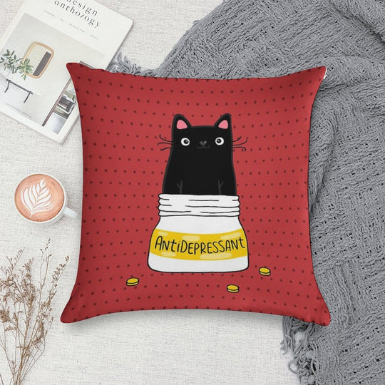 FUR ANTIDEPRESSANT . Cute Black Cat Illustration. A Gift for A Pet Lover. Soft Durable Construction Throw Pillow