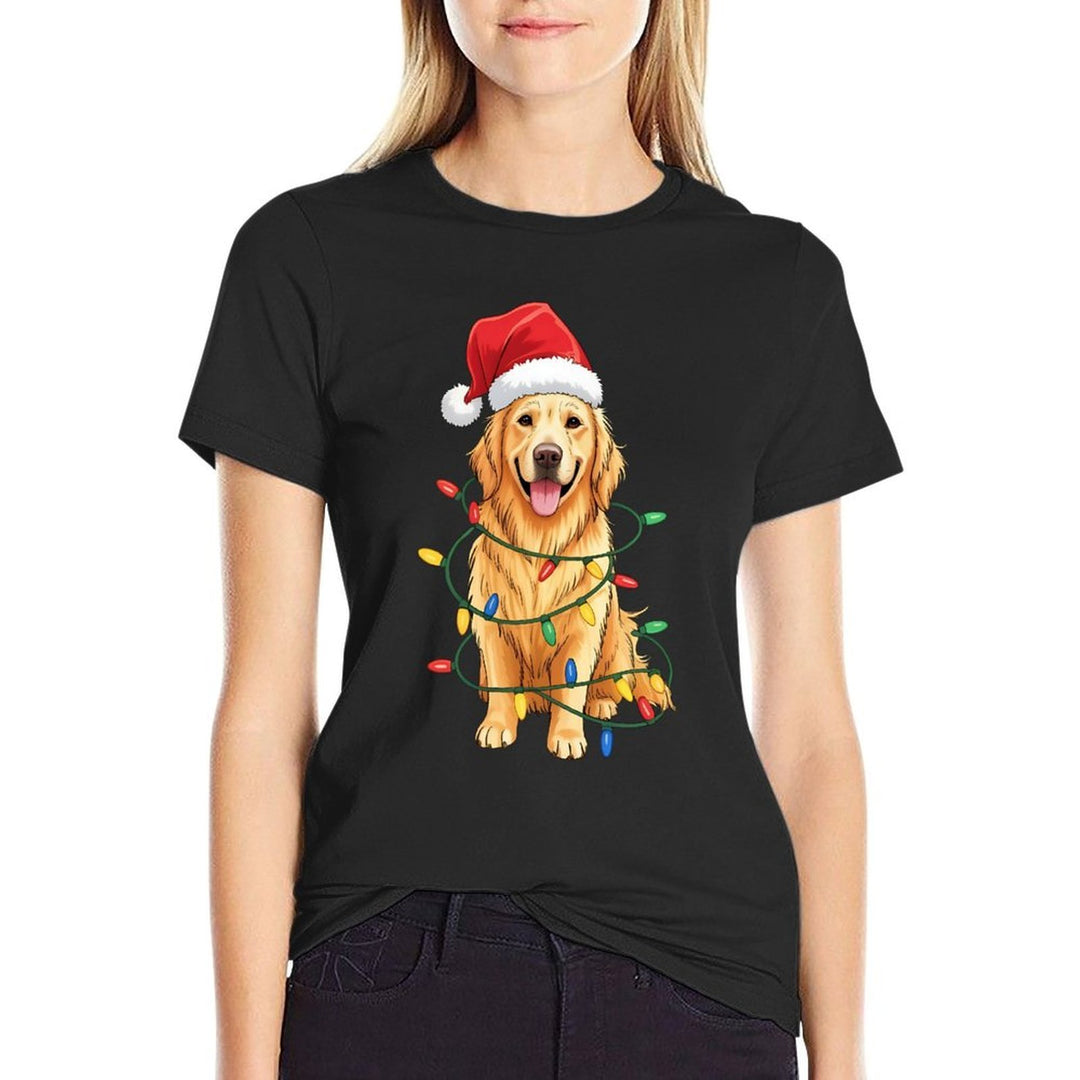 Santa Hat Golden Retriever Christmas Tree Light Xmas Pajama  Breathable T-Shirt