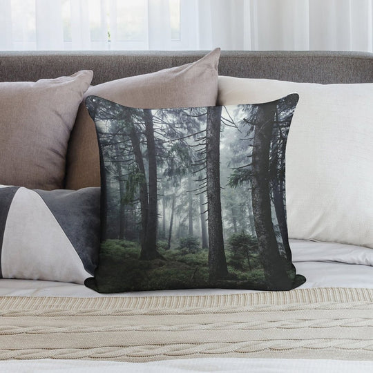 Path Vibes  Wild Romantic Misty Retro Fall Wilderness Fairytale Forest With Cascadia Trees Covered In Magic Blue Fog Season Soft Reinforced Edging Throw Pillow