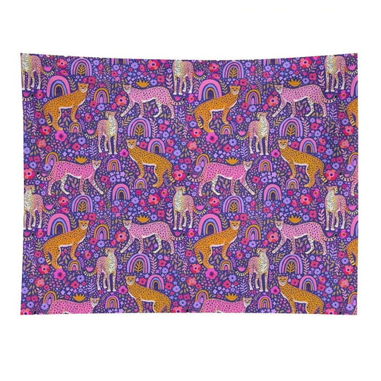 Cheetahs in A Rainbow Garden on Navy Blue Tapestry