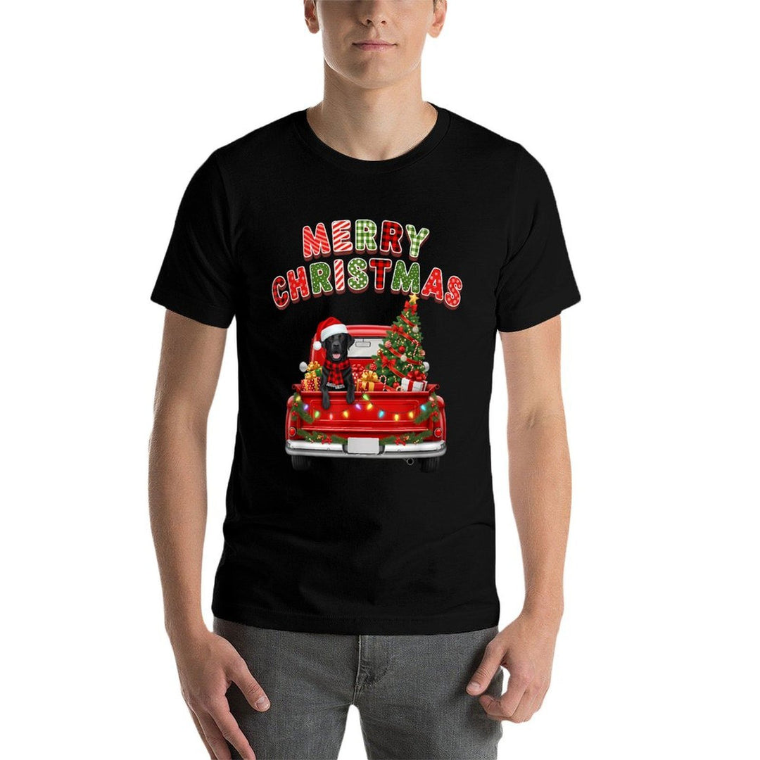 Black Lab Labrador Dog Red Truck Merry Christmas Lights Xmas Comfortable T-Shirt