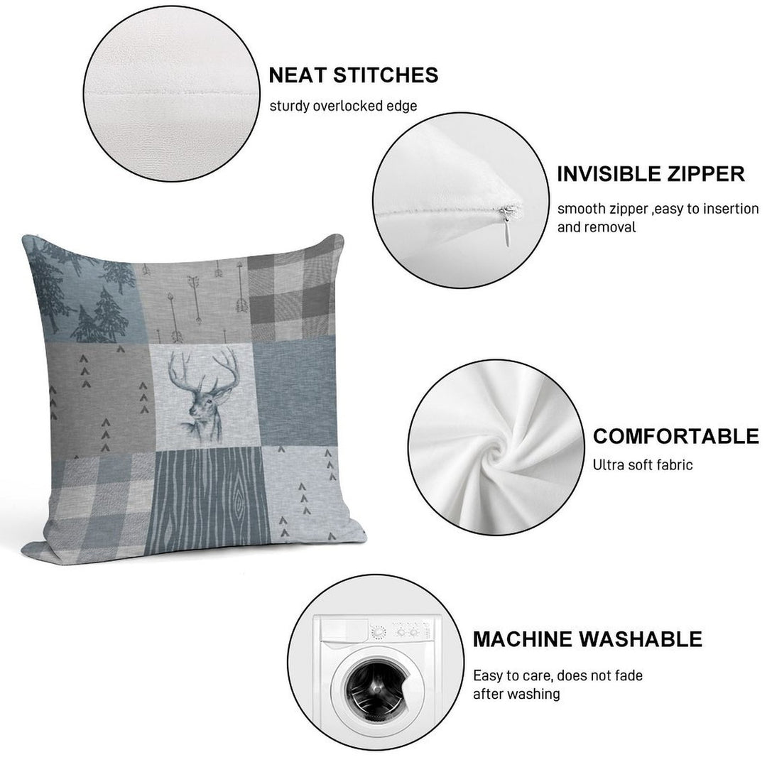 Deer Patchwork - Rustic Blue And Grey Soft Durable Construction Throw Pillow