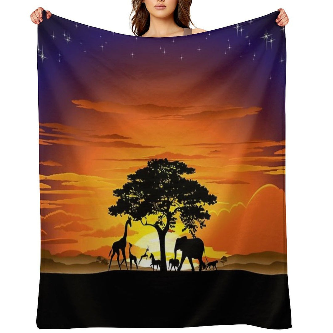 Wild Animals on African Savanna Sunset Velvety-soft Throw Blanket