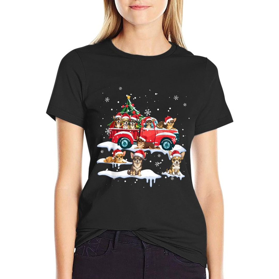 Chihuahua Dog Riding Red Truck Ugly Sweater Merry Christmas  Ribbed Collar T-Shirt