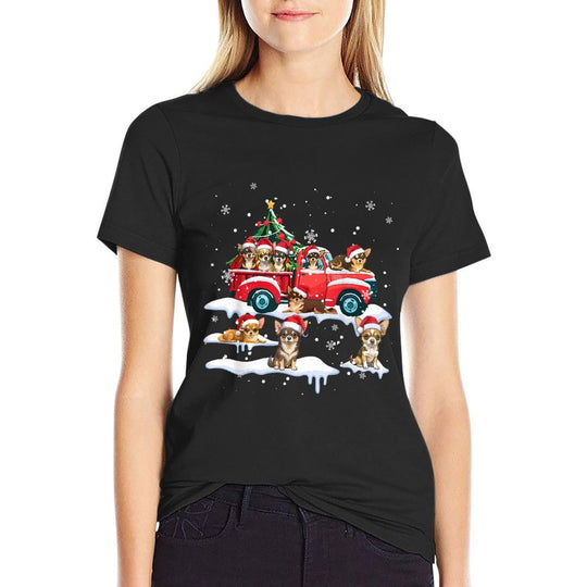 Chihuahua Dog Riding Red Truck Ugly Sweater Merry Christmas  Ribbed Collar T-Shirt