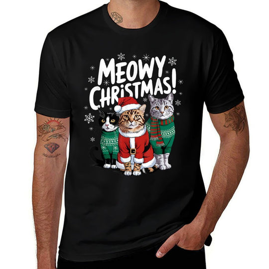 Meowy Christmas Funny Cat Christmas Holiday Xmas Santa Hat for Men Women Kids  Wrinkle-resistant T-Shirt