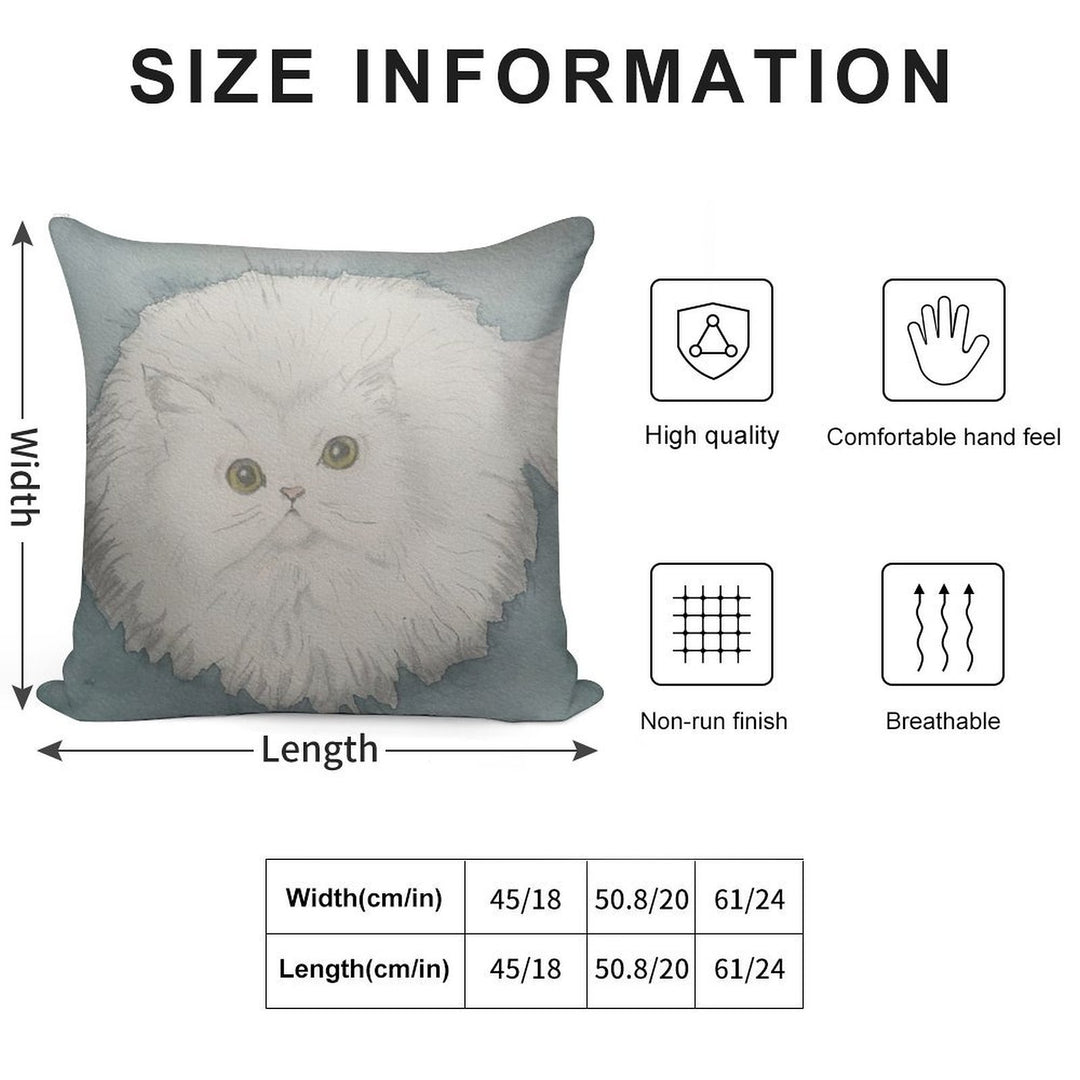 Golden-Eyed Fluffy White Cat – Watercolour Soft Short Plush Fabric Throw Pillow