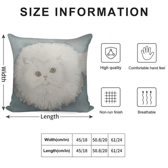 Golden-Eyed Fluffy White Cat – Watercolour Soft Short Plush Fabric Throw Pillow