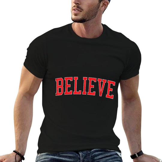 Believe Vintage Distressed Red Varsity Christmas  Graphic-printed T-Shirt