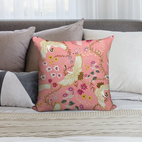 Chinoiserie Cranes on Pink, Birds Soft Gift Ready Throw Pillow