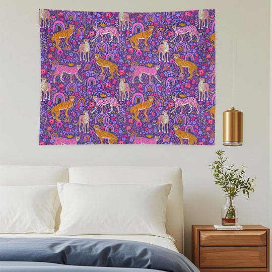 Cheetahs in A Rainbow Garden on Navy Blue Tapestry