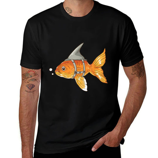 Funny Goldfish with Shark Fin Strapped - Aquarium Koi Carb  Rolled Sleeves T-Shirt