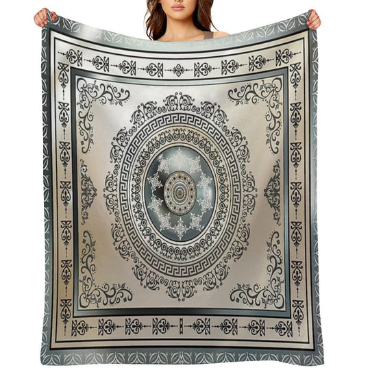 Ornate Greek Key Meander Green And Cream Medallion Machine-washable Throw Blanket