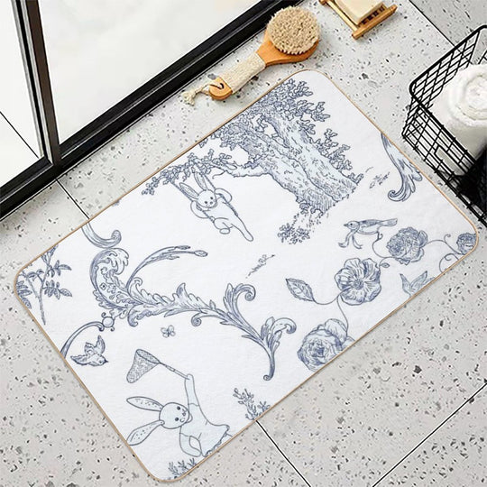 Blue Bunny Toile   Blue Toile   Blue Bunny Toile  Blue Toile Print  Long-Lasting Bath Mat