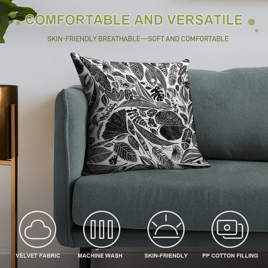 Mixed Leaves, Lino Cut Printed Nature Inspired Hand Printed Pattern Soft Gift Ready Throw Pillow