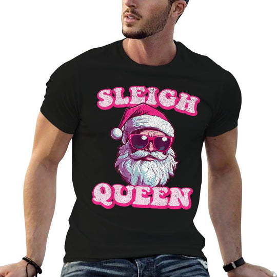 Groovy Retro Christmas Funny Pink Santa Sleigh Queen  Moisture-wicking T-Shirt