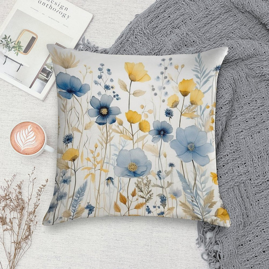 Blue And Yellow Wildflowers, Watercolour  Boho Flowers Soft Shrink-Resistant Throw Pillow