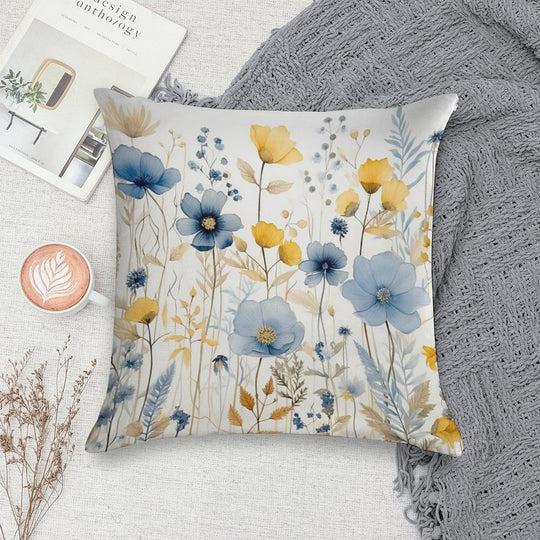 Blue And Yellow Wildflowers, Watercolour  Boho Flowers Soft Shrink-Resistant Throw Pillow
