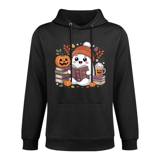 Cute Ghost Reading Book Lover Halloween Ghost Coffee Pumpkin Adjustable Hood Hoodie