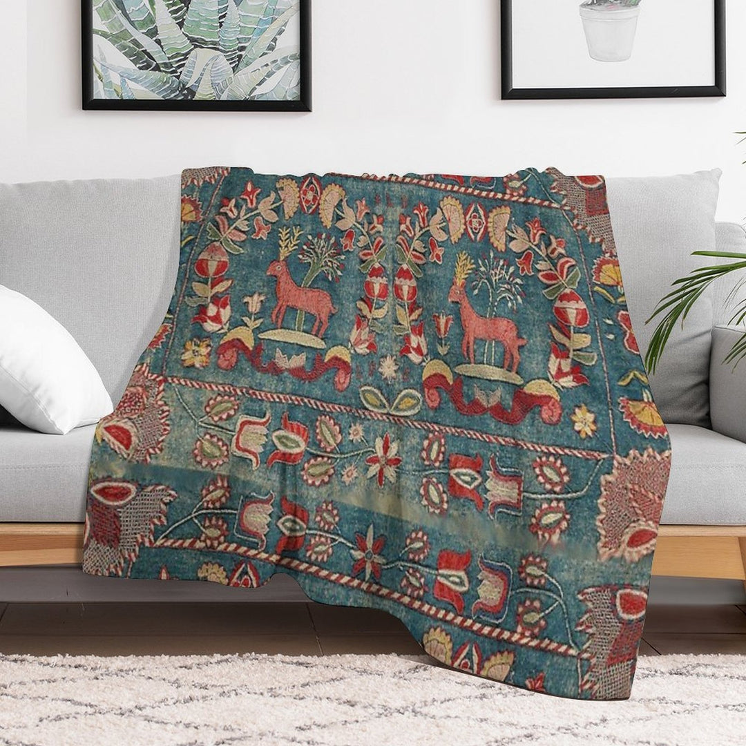 ANTIQUE  RED BLUE SWEDISH TAPESTRY WITH DEERS AND FLOWERS Shrink-resistant Throw Blanket