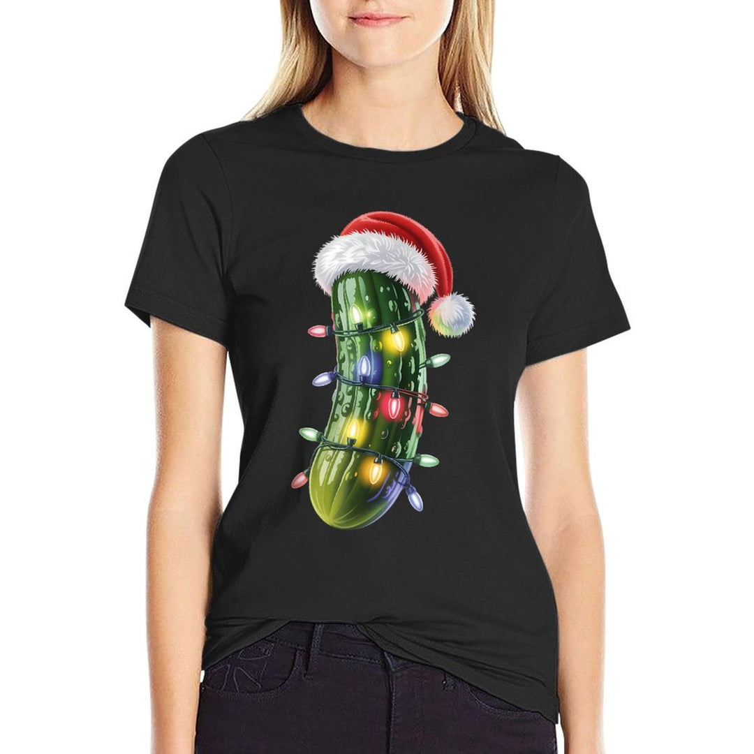 Funny Pickle Santa Hat Christmas Lights Xmas Men Women  Polyester Blend T-Shirt