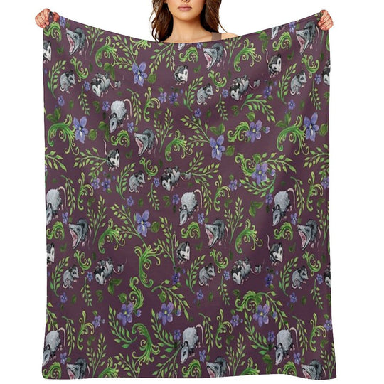 Opossum, Fern, & Violet Print Velvety-soft Throw Blanket