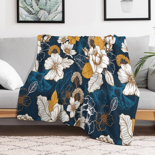 Navy And Gold Peony And Blossom Seamless Pattern Sustainable Throw Blanket