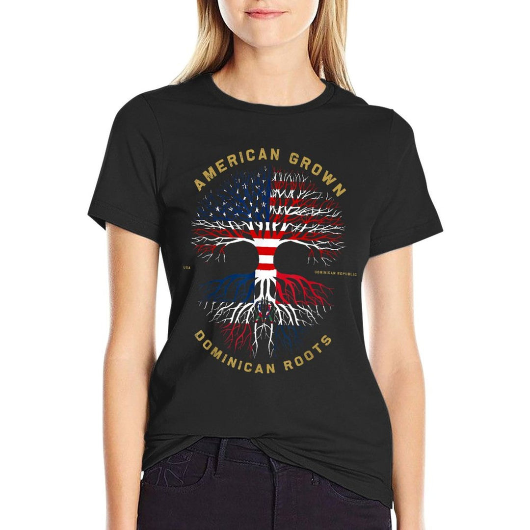American Grown With Dominican Roots Tree USA Gift for Women Girls Kids Men  Summer-ready Fabric T-Shirt