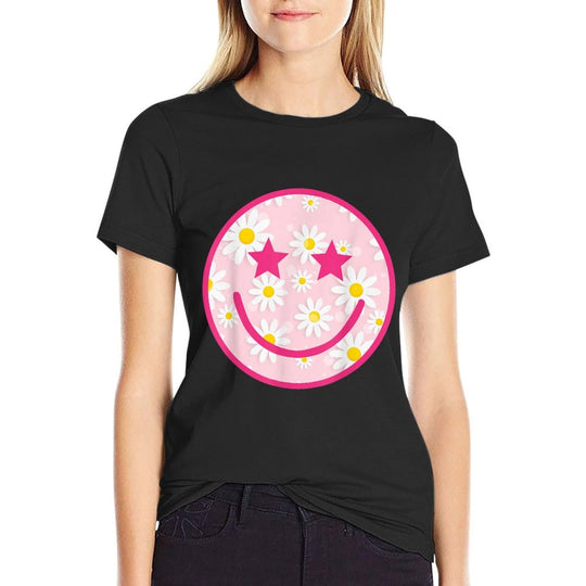 Funny Pink Happy Face Daisy Flower Smile Face Trendy  Stretchy T-Shirt