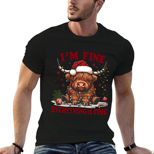 Im Fine Everything Is Fine Funny Christmas Highland Cow Sweatshirt  Slim-fit Cut T-Shirt