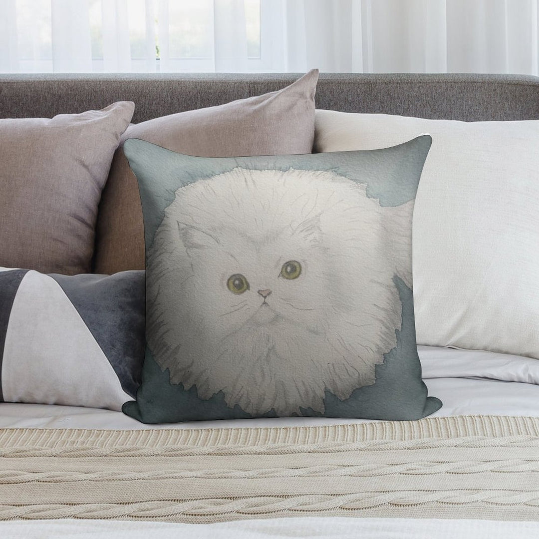 Golden-Eyed Fluffy White Cat – Watercolour Soft Short Plush Fabric Throw Pillow