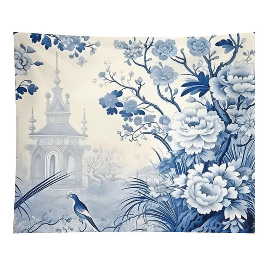 Cerulean Pastoral Pavillion Chinoiserie Tapestry