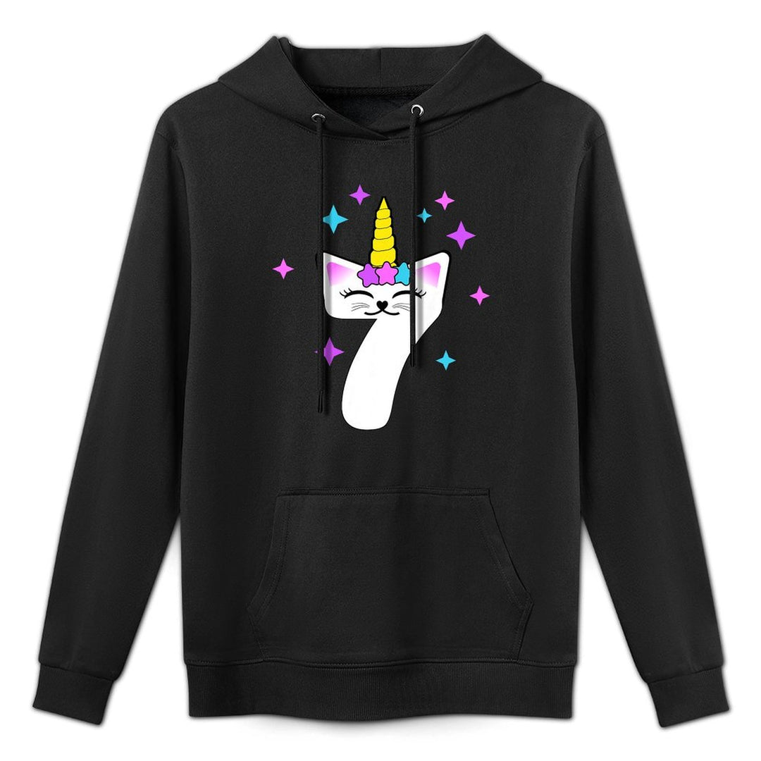 Kids 7 Year Old Cat Unicorn Caticorn 7th Birthday Party Girls Medium-Weight Fabric Hoodie