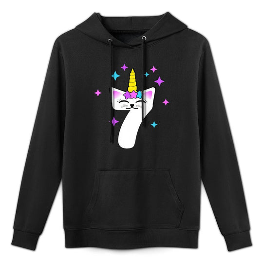Kids 7 Year Old Cat Unicorn Caticorn 7th Birthday Party Girls Medium-Weight Fabric Hoodie