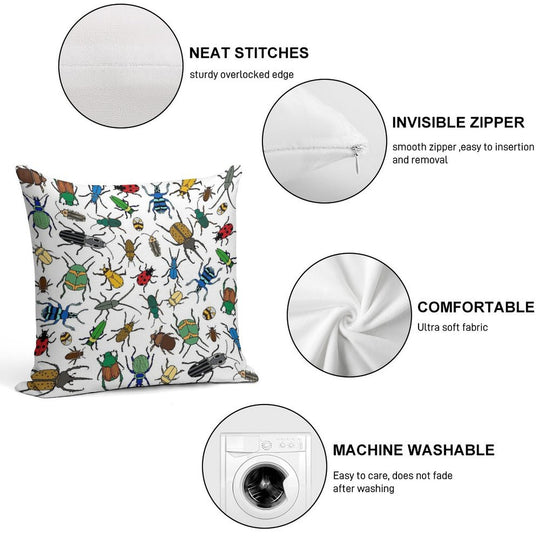 Beetles Pattern  Bugs  Insects  Pattern Soft Hidden Zipper Throw Pillow