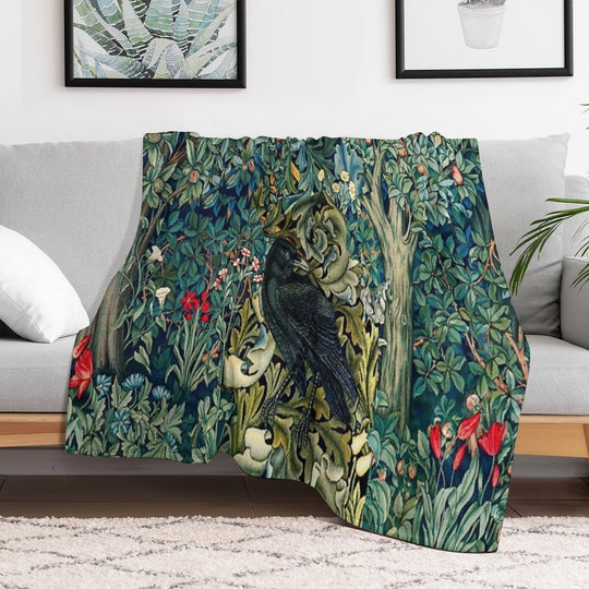 GREENERY, FOREST ANIMALS ,RAVEN ON ACANTHUS LEAVES Blue Green Floral Comfort Throw Blanket