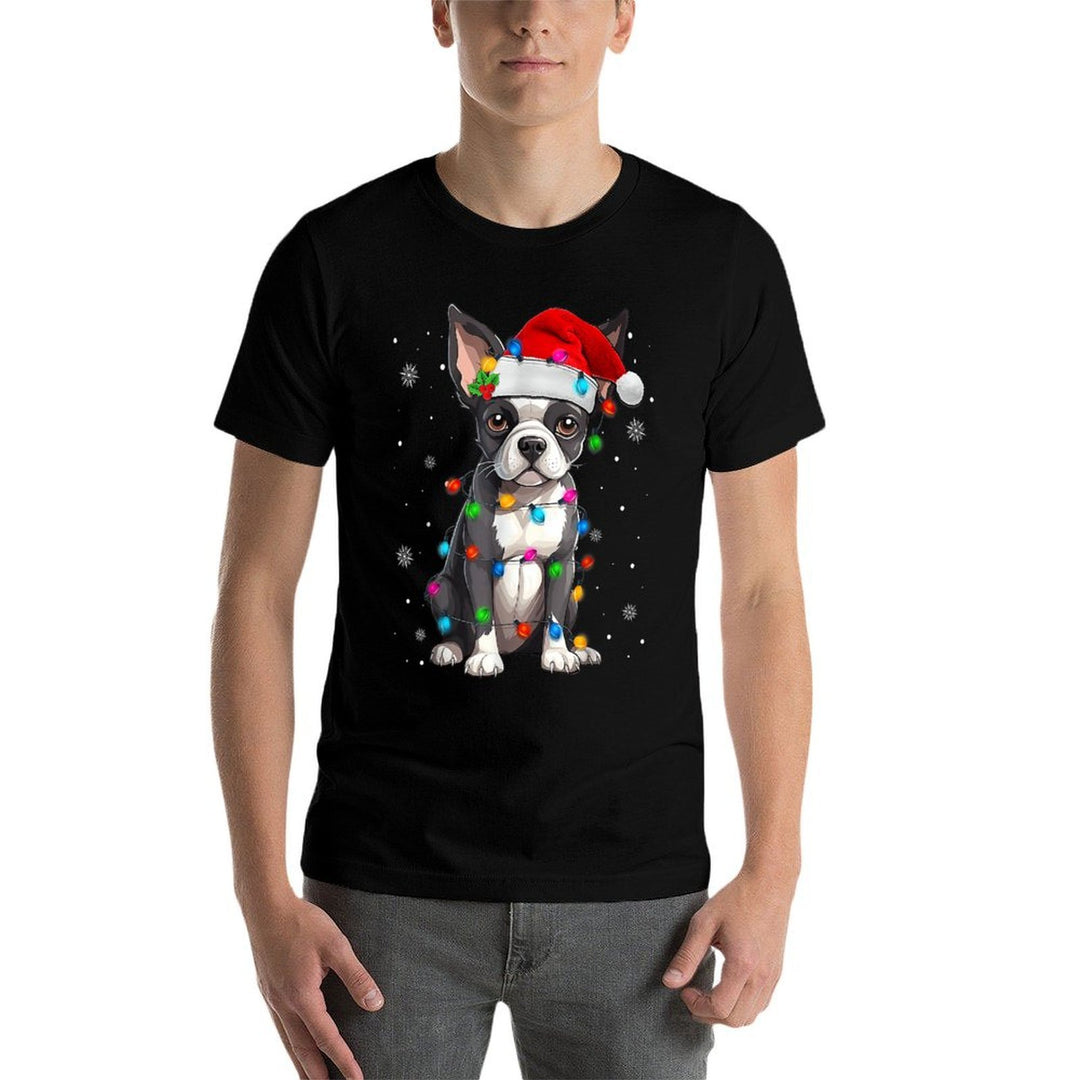 Boston Terrier Christmas Santa Hat Tree Lights Pajama  Wrinkle-resistant T-Shirt
