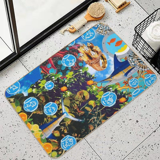 Original Analog Paper Collage Titled Summer Seas  Non-Slip Bath Mat