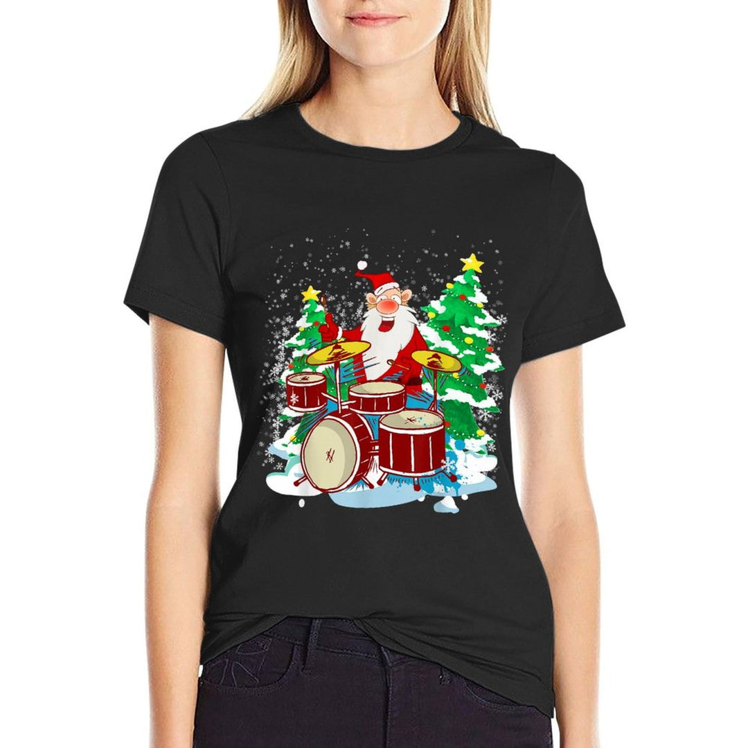 Funny Christmas Santa Playing The Drums Crazy Drummer Xmas  Rolled Sleeves T-Shirt