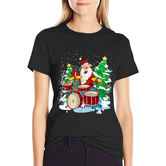 Funny Christmas Santa Playing The Drums Crazy Drummer Xmas  Rolled Sleeves T-Shirt