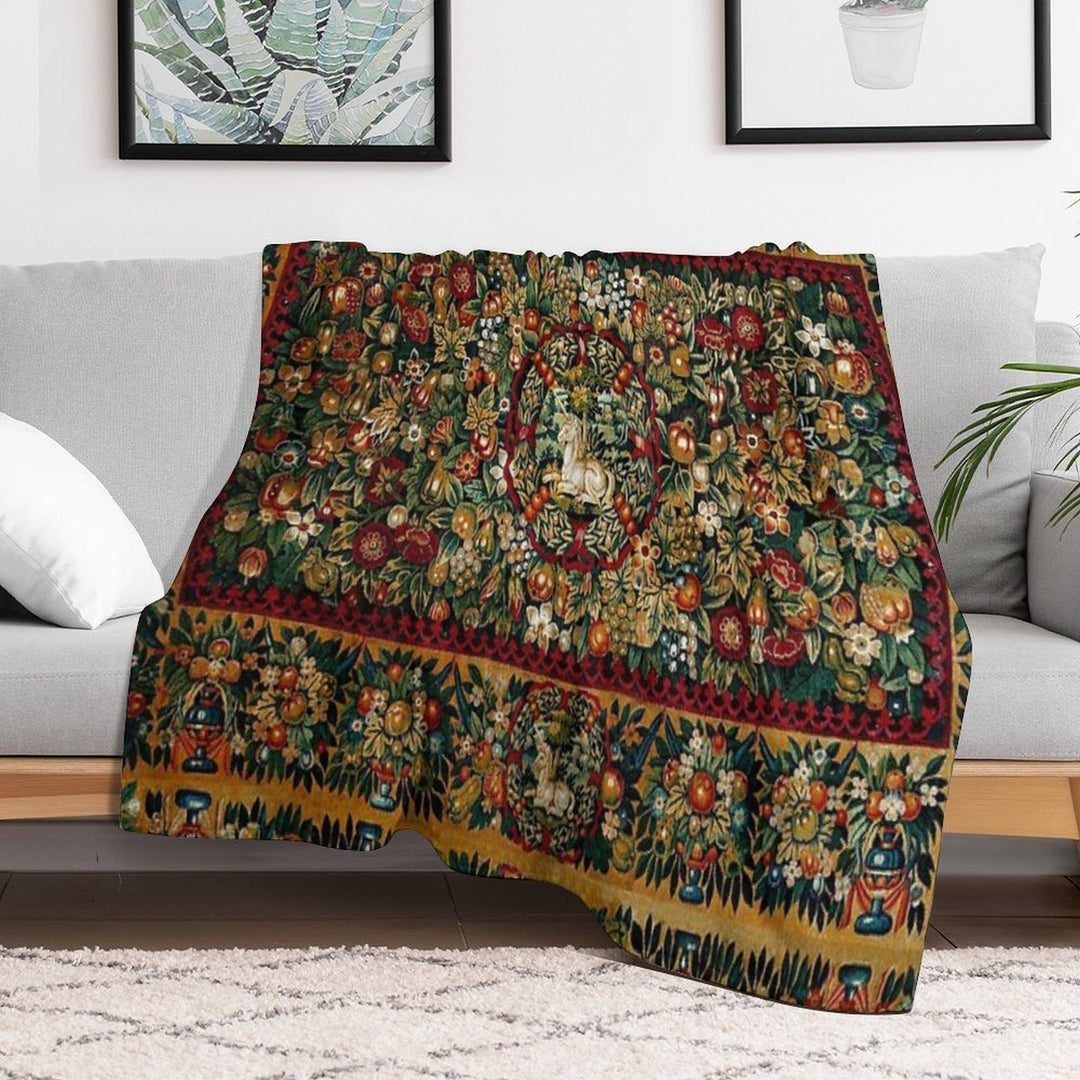 Medieval Unicorn Floral Tapestry Compact Throw Blanket